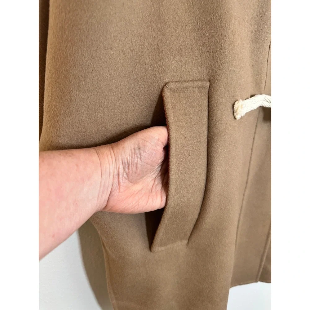 Weekend Max Mara Duffle Coat Size 4 Camel Brown Virgin Wool Hooded Plaid Toggle‎